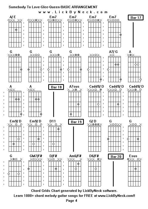 Chord Grids Chart of chord melody fingerstyle guitar song-Somebody To Love-Glee-Queen-BASIC ARRANGEMENT,generated by LickByNeck software.